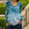 Lily | Teal & Aqua Leaves V-Neck Long-Sleeve Tunic - Plus