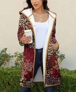 Lily | Red & Gold Floral Pocket Hooded Button-Up Coat - Plus