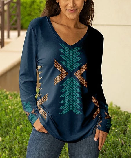 Lily | Navy & Turquoise Geometric V-Neck Long-Sleeve Tunic - Women 1 Lily | Navy & Turquoise Geometric V-Neck Long-Sleeve Tunic - Women