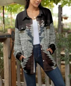 Lily | Black & Gray Geometric Pocket Button-Up Shacket - Plus