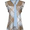 Lily | Brown & Blue Plaid Tie-Neck Flutter-Sleeve Top - Women