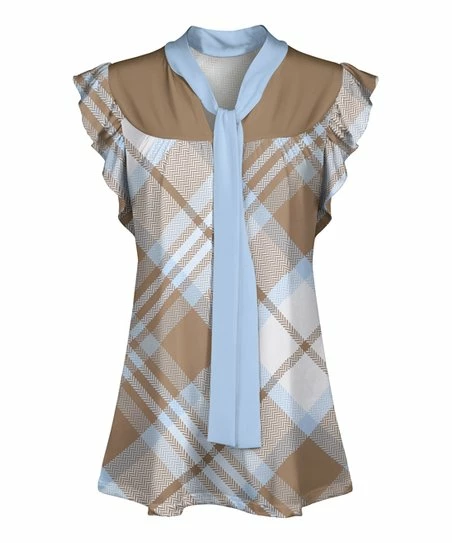 Lily | Brown & Blue Plaid Tie-Neck Flutter-Sleeve Top - Women 1 Lily | Brown & Blue Plaid Tie-Neck Flutter-Sleeve Top - Women