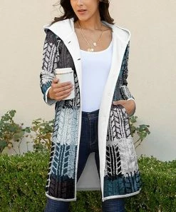 Lily | White & Blue Geometric Pocket Hooded Button-Up Coat - Women