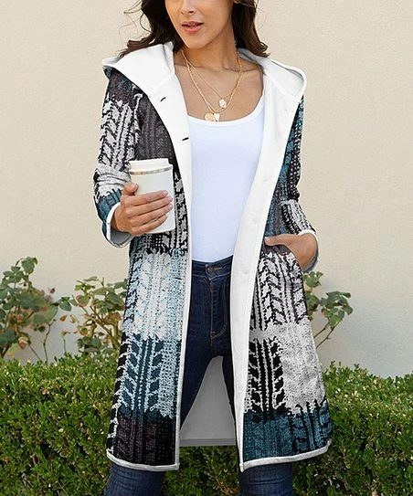 Lily | White & Blue Geometric Pocket Hooded Button-Up Coat - Women 1 Lily | White & Blue Geometric Pocket Hooded Button-Up Coat - Women
