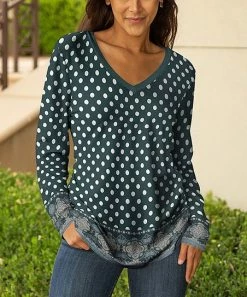 Lily | Teal & White Polka Dot Long-Sleeve V-Neck Tunic - Women