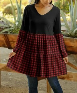 Lily | Black & Red Plaid-Contrast Long-Sleeve V-Neck A-Line Dress - Women
