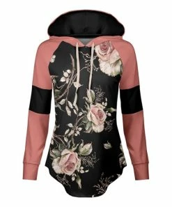 Lily | Black & Rose Floral Band-Arm Curved-Hem Hoodie - Women & Plus