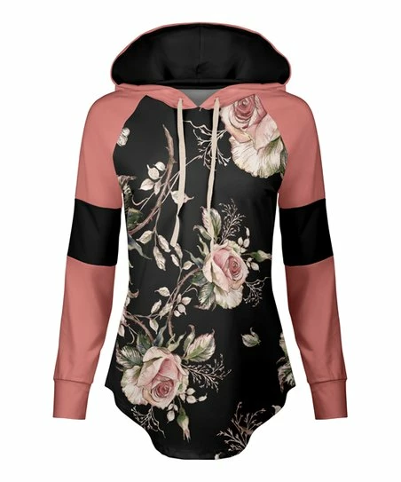 Lily | Black & Rose Floral Band-Arm Curved-Hem Hoodie - Women & Plus 1 Lily | Black & Rose Floral Band-Arm Curved-Hem Hoodie - Women & Plus