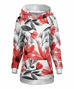 Lily | White & Pink Floral Longline Pocket Hoodie - Women