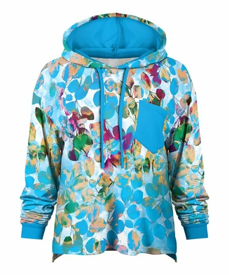 Lily | Blue & White Leaf Chest-Pocket Hoodie - Plus 1 Lily | Blue & White Leaf Chest-Pocket Hoodie - Plus