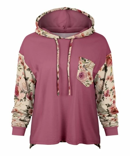 Lily | Pink & Cream Floral Chest-Pocket Hoodie - Women & Plus 1 Lily | Pink & Cream Floral Chest-Pocket Hoodie - Women & Plus