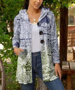 Lily | Blue & Olive Vintage Typography Button-Front Hooded Jacket - Women