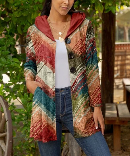 Lily | Red & Teal Abstract Velvet Hooded Cardigan - Women 1 Lily | Red & Teal Abstract Velvet Hooded Cardigan - Women
