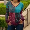 Lily | Turquoise & Pink Patchwork Long-Sleeve V-Neck Tunic - Women & Plus