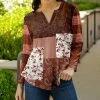 Lily | Brown & White Floral Notch Neck Three-Quarter Sleeve Top - Plus