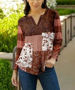 Lily | Brown & White Floral Notch Neck Three-Quarter Sleeve Top - Plus
