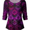 Lily | Black & Purple Floral Boatneck Three-Quarter Sleeve Top - Women