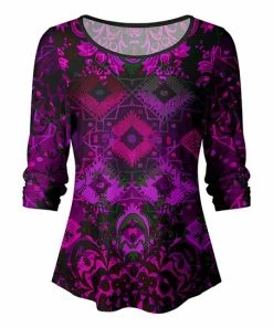 Lily | Black & Purple Floral Boatneck Three-Quarter Sleeve Top - Women