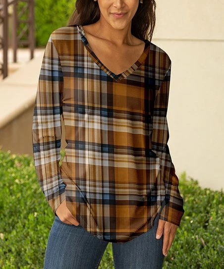 Lily | Brown & Blue Plaid V-Neck Long-Sleeve Tunic - Women & Plus 1 Lily | Brown & Blue Plaid V-Neck Long-Sleeve Tunic - Women & Plus