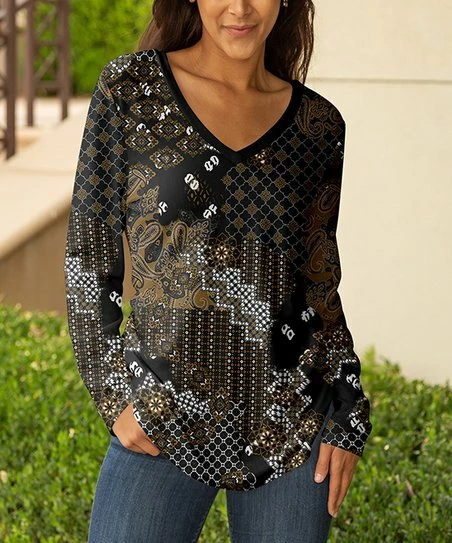 Lily | Black & Brown Geometric V-Neck Long-Sleeve Tunic - Plus 1 Lily | Black & Brown Geometric V-Neck Long-Sleeve Tunic - Plus