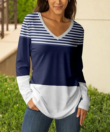 Lily | Blue & White Stripe Color Block V-Neck Long-Sleeve Tunic - Women & Plus 1 Lily | Blue & White Stripe Color Block V-Neck Long-Sleeve Tunic - Women & Plus