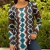 Lily | Brown & Teal Abstract Boatneck Long-Sleeve Tunic - Plus
