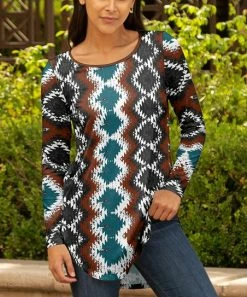 Lily | Brown & Teal Abstract Boatneck Long-Sleeve Tunic - Plus
