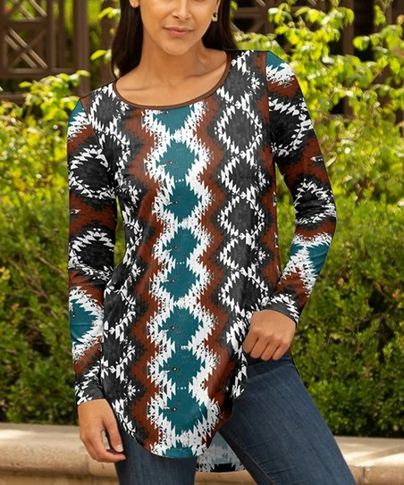 Lily | Brown & Teal Abstract Boatneck Long-Sleeve Tunic - Plus 1 Lily | Brown & Teal Abstract Boatneck Long-Sleeve Tunic - Plus