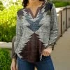 Lily | Gray & Brown Abstract Notch Neck Three-Quarter Sleeve Top - Plus
