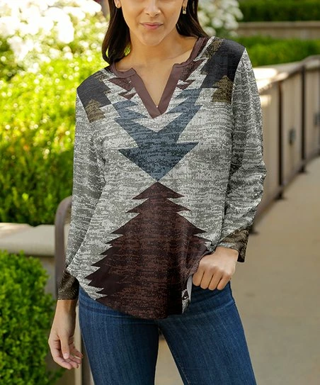 Lily | Gray & Brown Abstract Notch Neck Three-Quarter Sleeve Top - Plus 1 Lily | Gray & Brown Abstract Notch Neck Three-Quarter Sleeve Top - Plus