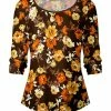 Lily | Brown & Orange Floral Boatneck Three-Quarter Sleeve Top - Women