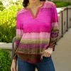 Lily | Pink & Olive Abstract Notch Neck Three-Quarter Sleeve Top - Plus