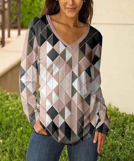 Lily | Beige & Gray Geometric V-Neck Long-Sleeve Tunic - Women 1 Lily | Beige & Gray Geometric V-Neck Long-Sleeve Tunic - Women