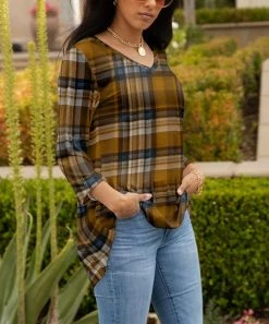 Lily | Brown & Navy Plaid Ruffle-Sleeve V-Neck Tunic - Plus