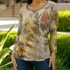 Lily | Brown & Yellow Foliage Scoop-Neck Three-Quarter Sleeve Top - Women