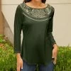 Lily | Green & Cream Celtic Boatneck Three-Quarter Sleeve Top - Plus