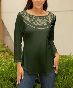 Lily | Green & Cream Celtic Boatneck Three-Quarter Sleeve Top - Plus