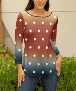Lily | Rust & Navy Polka Dot Gradient Boatneck Three-Quarter Sleeve Top - Women