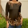 Lily | Brown & Beige Foliage Boatneck Three-Quarter Sleeve Top - Women