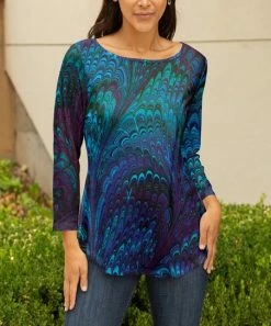 Lily | Turquoise & Blue Abstract Boatneck Three-Quarter Sleeve Top - Women & Plus