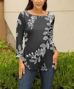 Lily | Gray & Light Gray Foliage Boatneck Three-Quarter Sleeve Top - Plus