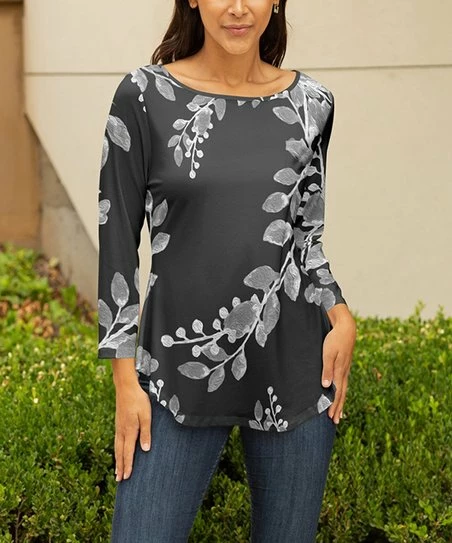 Lily | Gray & Light Gray Foliage Boatneck Three-Quarter Sleeve Top - Plus 1 Lily | Gray & Light Gray Foliage Boatneck Three-Quarter Sleeve Top - Plus
