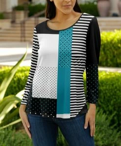 Lily | Black & Teal Stripe Block Scoop-Neck Three-Quarter Sleeve Top - Plus