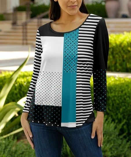 Lily | Black & Teal Stripe Block Scoop-Neck Three-Quarter Sleeve Top - Plus 1 Lily | Black & Teal Stripe Block Scoop-Neck Three-Quarter Sleeve Top - Plus