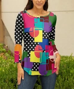 Lily | Black & Pink Geometric Polka Dot Boatneck Three-Quarter Sleeve Top - Women