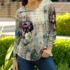 Lily | Beige & Purple Floral V-Neck Three-Quarter Sleeve Top - Women