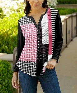 Lily | Black & Pink Stripe Color-Block Notch-Neck Three-Quarter Sleeve Top - Women & Plus
