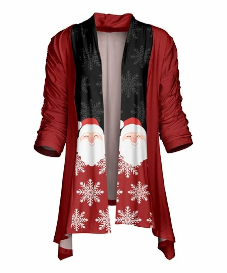 Lily | Red & Black Santa Snowflake Sidetail Longline Open Cardigan - Plus 1 Lily | Red & Black Santa Snowflake Sidetail Longline Open Cardigan - Plus