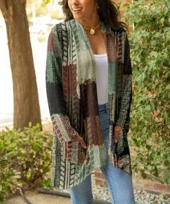 Lily | Brown & Turquoise Abstract Pocket Open Cardigan - Women