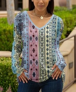 Lily | Blue & Cream Boho Stripe V-Neck Long-Sleeve Tunic - Women